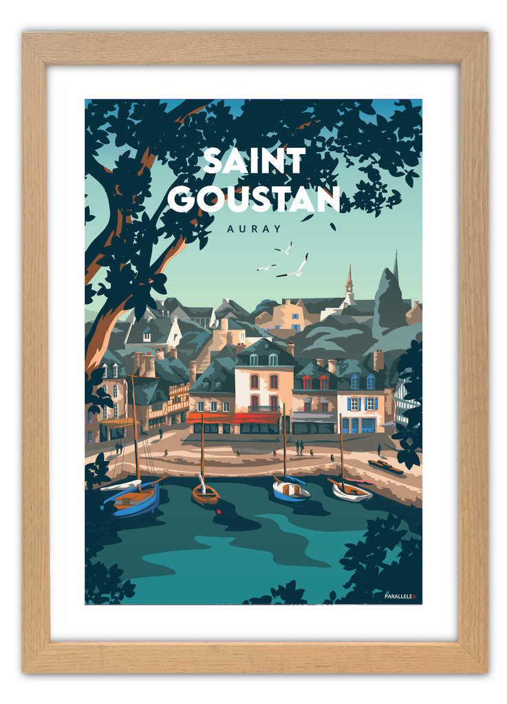 Affiche illustrée du port de Saint-Goustan à Auray avec un cadre en chêne