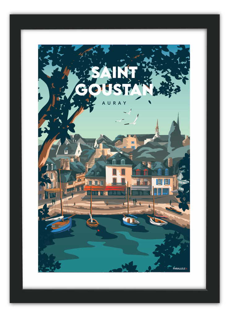 Affiche illustrée du port de Saint-Goustan à Auray avec un cadre noir