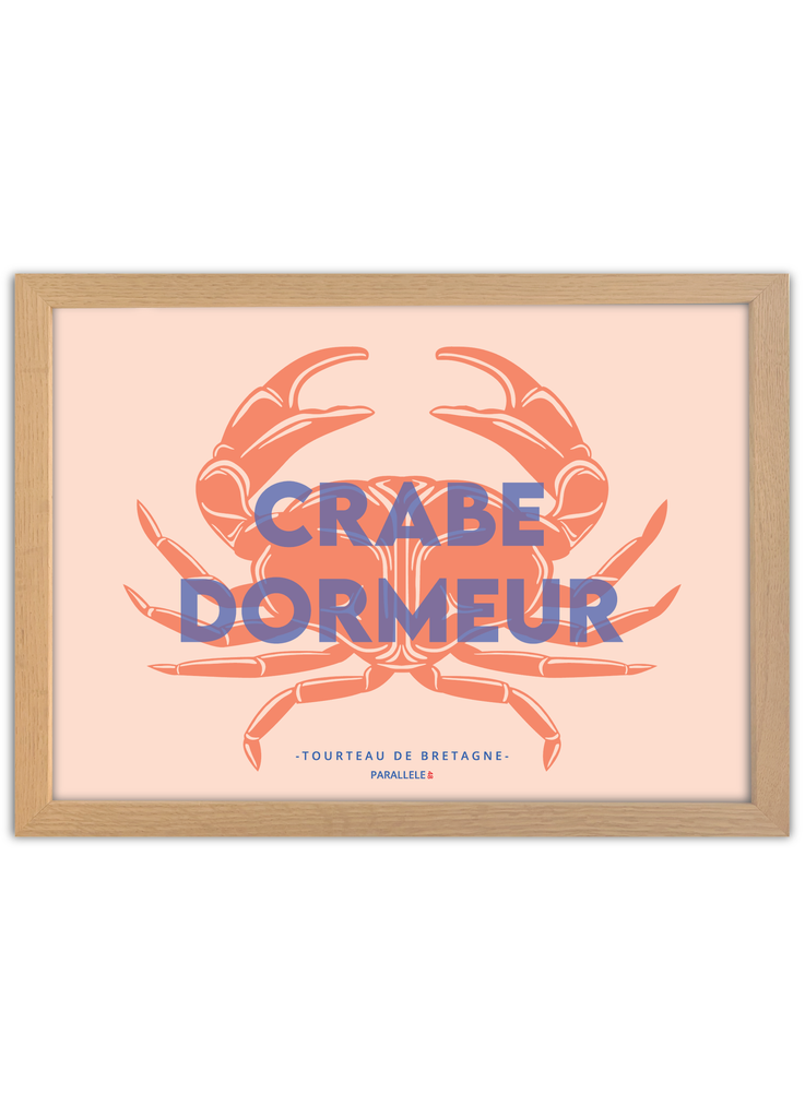 Affiche du Crabe dormeur, tourteau de Bretagne avec un cadre en chêne