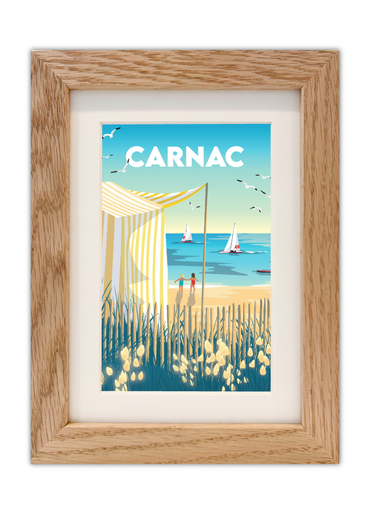 Carte postale des tentes de plage de Carnac avec un cadre en chêne