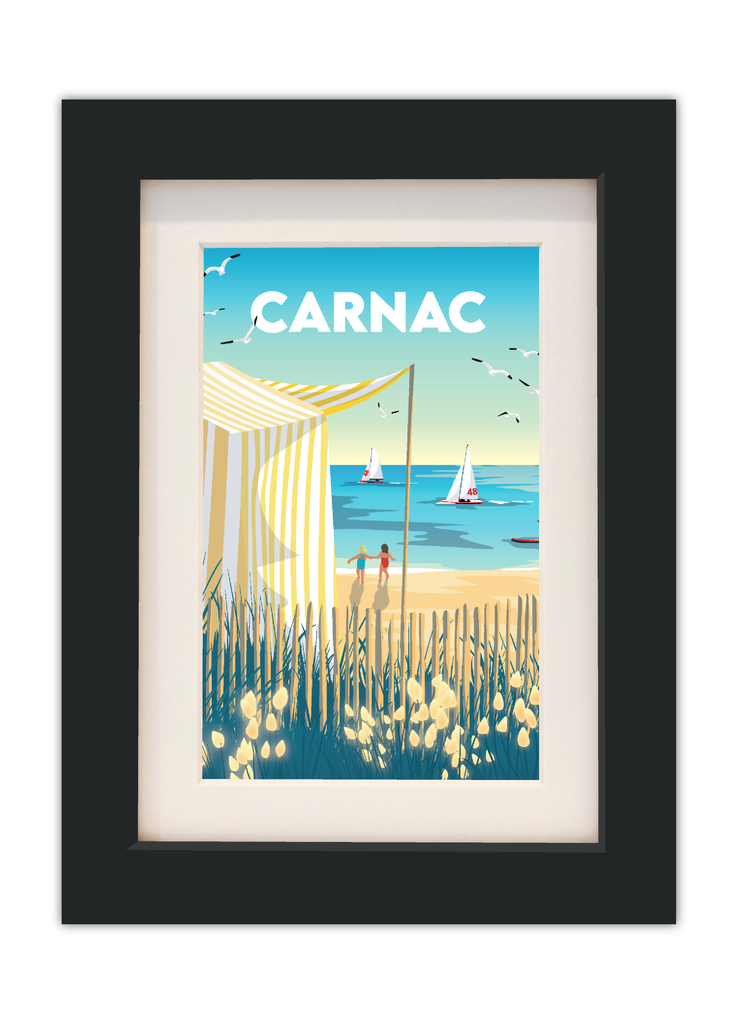 Carte postale des tentes de plage de Carnac avec un cadre noir