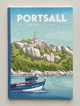 Illustration de la ville côtière de Portsall dans le Finistère sur une carnet ligné A5
