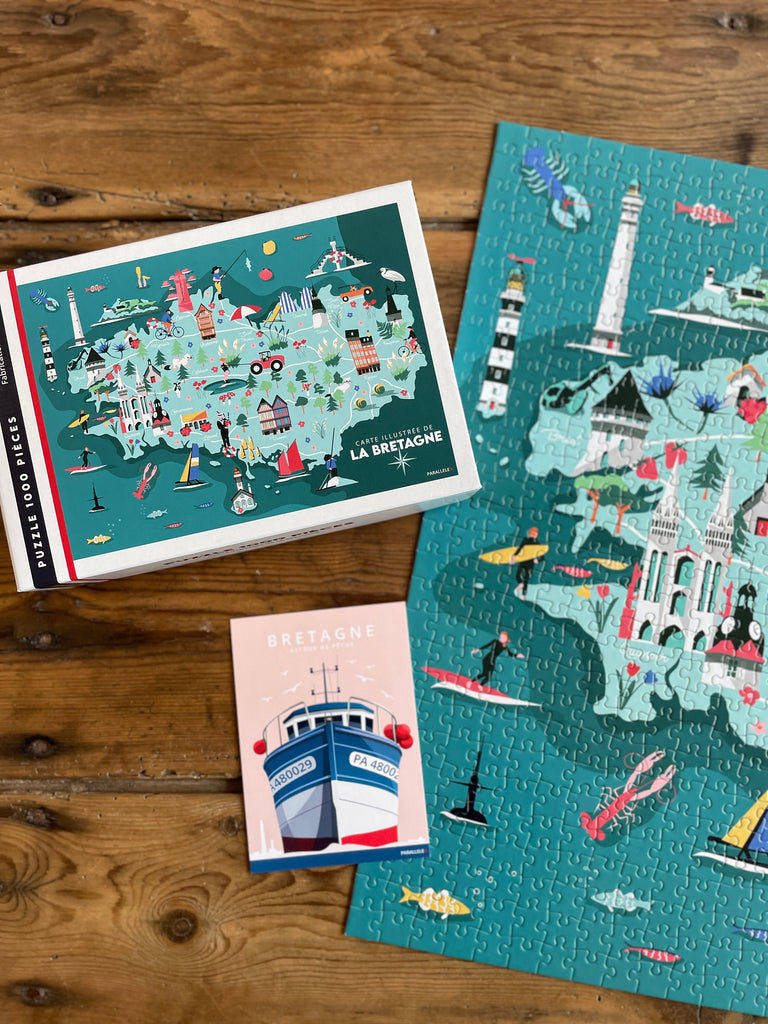 Puzzle 1000 pièces de la carte de la Bretagne créé par la marque brestoise Parallèle 48, création et fabrication françaises