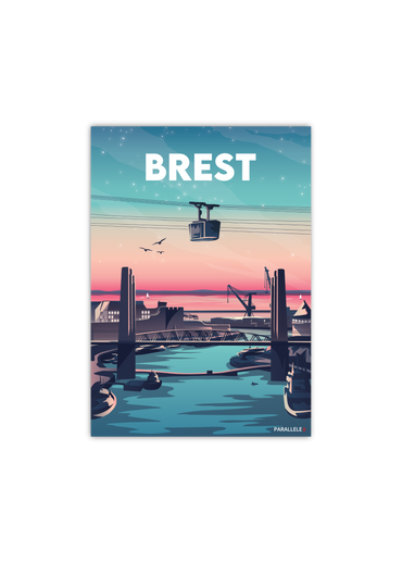 Carte postale d'un coucher de soleil sur le pont de Recouvrance à Brest