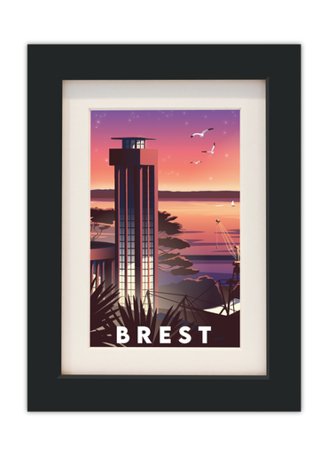 Carte postale de la tour de l'horloge de la gare de Brest avec un cadre noir