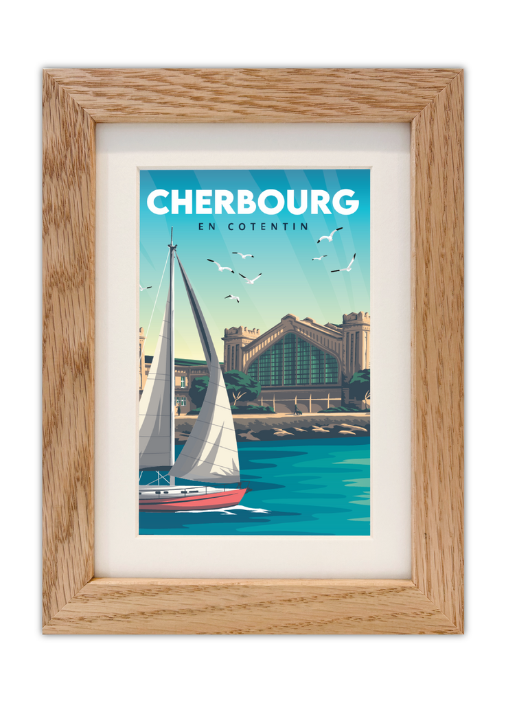 Carte postale de la cité de la mer à Cherbourg-en-Cotentin avec un cadre en chêne