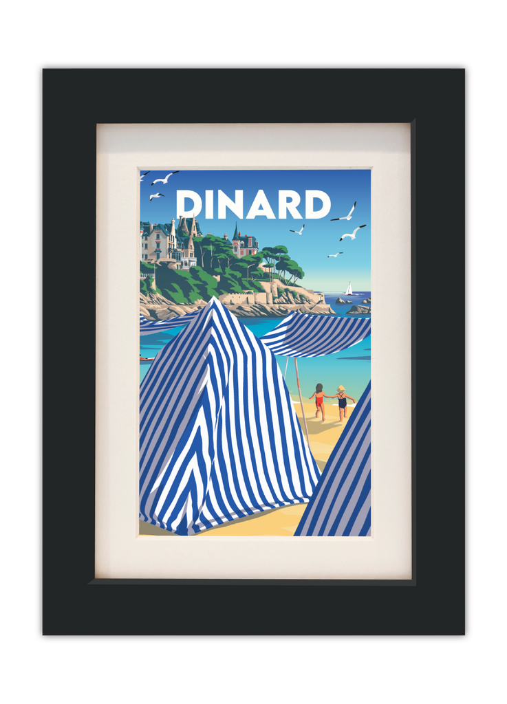 Carte postale des cabines de plage de Dinard avec un cadre noir