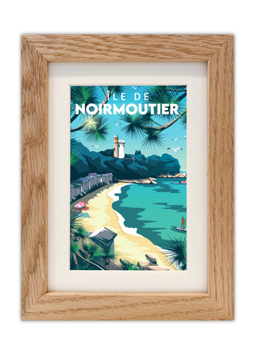 Carte postale de la plage de l'Île de Noirmoutier avec un cadre en chêne