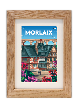 Carte postale de la vieille ville bretonne de Morlaix avec un cadre en chêne
