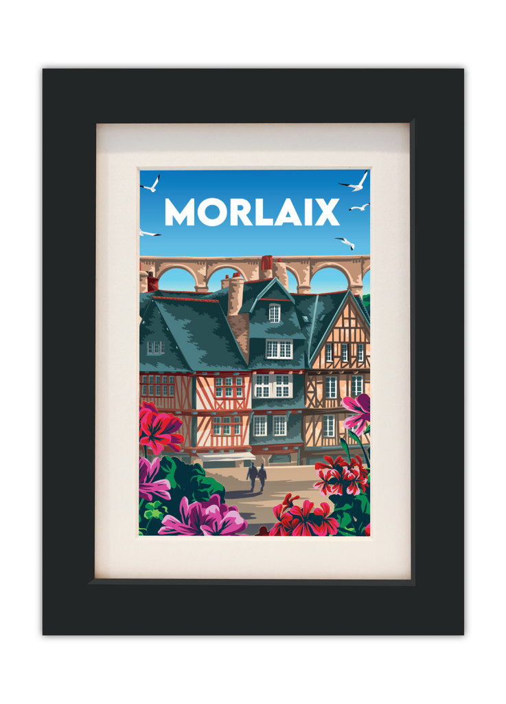 Carte postale de la vieille ville bretonne de Morlaix avec un cadre noir