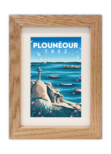 Carte postale de la croix de Plouénour-Trez dans le Finistère Nord avec un cadre en chêne
