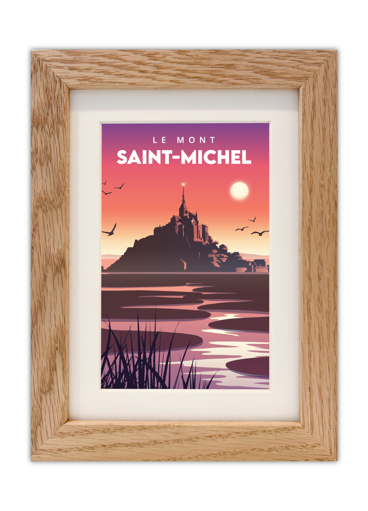 Carte postale du Mont Saint-Michel avec un cadre en chêne