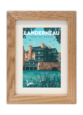 Carte postale du pont habité de Landerneau avec un cadre en chêne