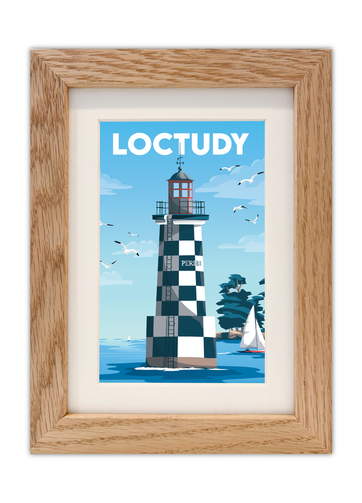 Carte postale du Phare de la Perdrix à Loctudy en Bretagne avec un cadre en chêne