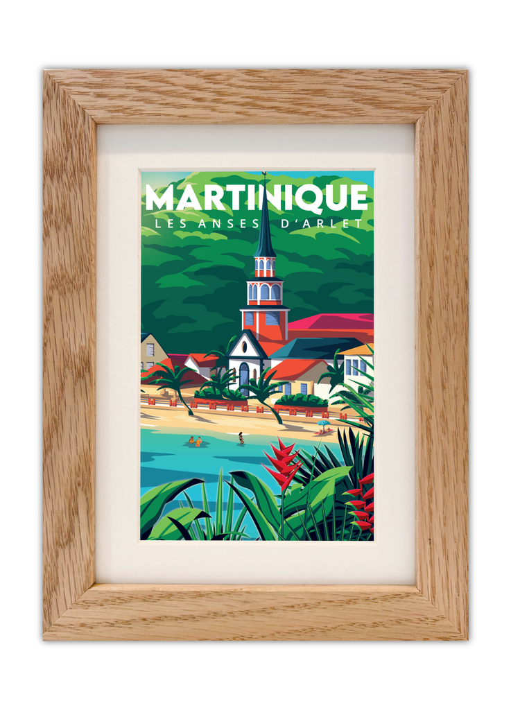 Carte postale des Anses d'Arlet à La Martinique avec un cadre en chêne