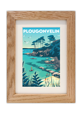 Carte postale de la plage des trois curés à Plougonvelin avec un cadre en chêne
