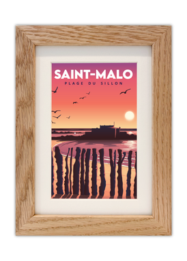 Carte postale de la plage du sillon de Saint-Malo avec un cadre en chêne