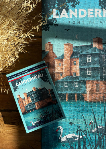 Puzzle 1000 pièces fabriqué en France de la marque bretonne Parallèle représentant le pont habité de Rohan à Landerneau