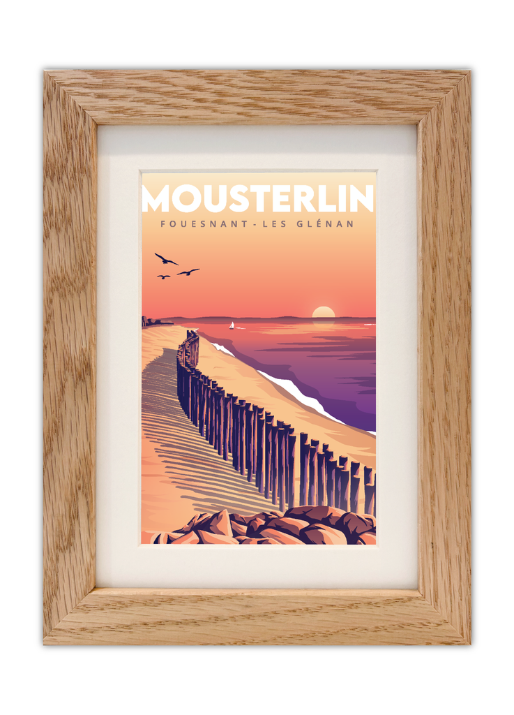 Carte postale de la plage de Mousterlin à Fouesnant les Glénan avec un cadre en bois