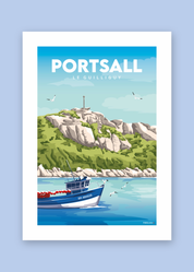 Affiche Portsall, le Guilliguy et bateau de pêche sur fond coloré