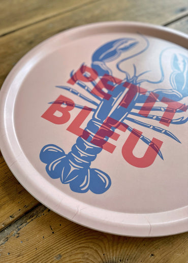 Plateau rond en bouleau fabriqué en Suède d'un petit bleu