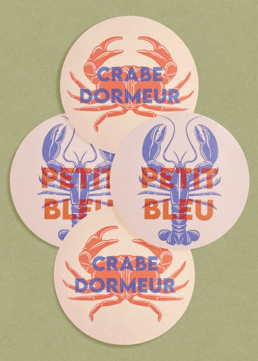 Ensemble de dessous de verre fabriqué en Europe en bois de bouleau représentant deux  crustacés