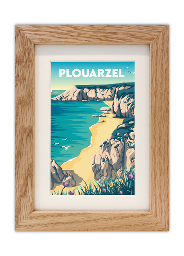 Carte postale de la Plage des Charrettes à Plouarzel avec un cadre chêne
