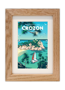 Carte postale de la plage de l'île Vierge sur la Presqu'île de Crozon avec un cadre en chêne
