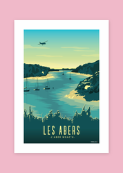 Affiche Les Abers, voiliers sur l’Aber Wrac’h au coucher du soleil, sur fond rose — Parallèle 48