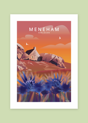 Affiche Meneham à Kerlouan, maison parmi les rochers au coucher du soleil, sur fond vert — Parallèle 48