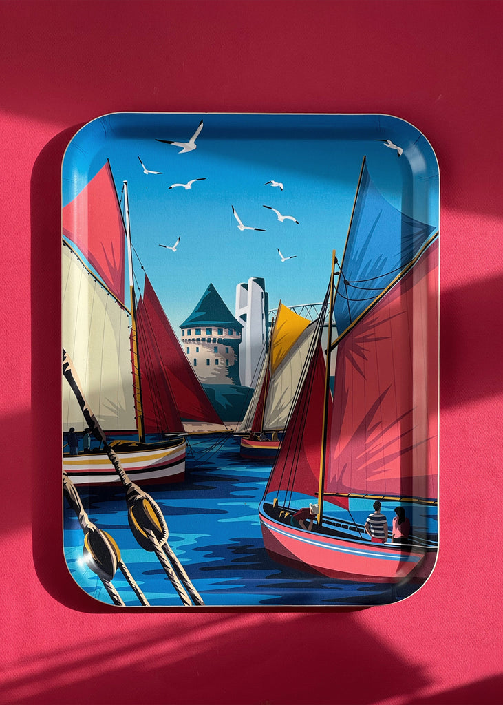 Plateau en bouleau du port de Brest et de vieux bateaux