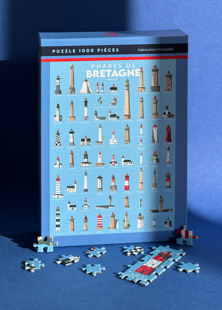 Puzzle Parallèle 48 de mille pièces représentant les phares bretons ; illustration imaginée à Brest, puzzle made in France ; idéal pour un cadeau
