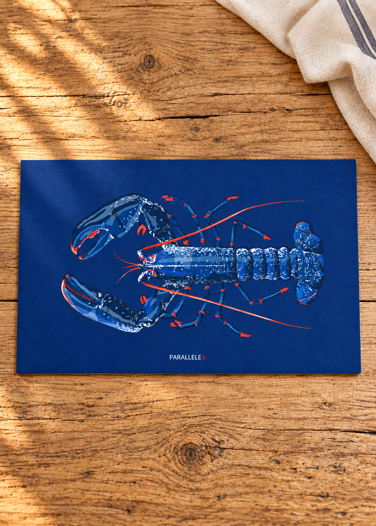 Vue de dessus du set de table Homard bleu, fond bleu profond et touches rouges
