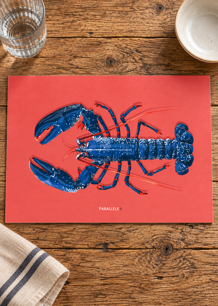 Illustration homard bleu sur fond rose corail, set de table en vinyle