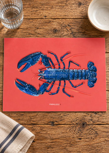 Illustration homard bleu sur fond rose corail, set de table en vinyle
