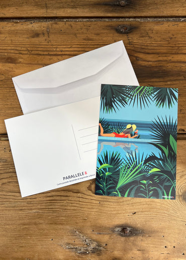 Carte postale d'une femme au bord de la piscine