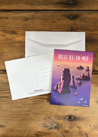 Carte postale des Aiguilles de Port Coton à Belle-Île-en-Mer avec un cadre noir