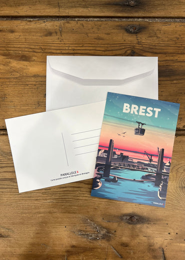 Carte postale d'un coucher de soleil sur le pont de Recouvrance à Brest