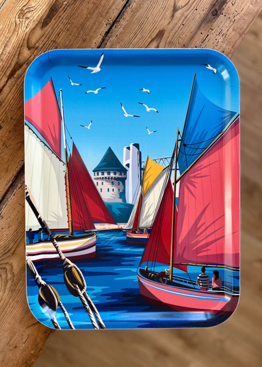 Plateau en bouleau du port de Brest et de vieux bateaux