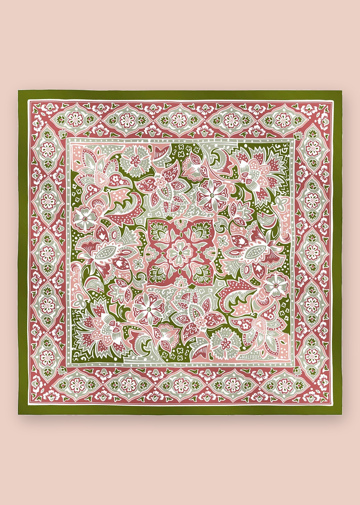 Carré Bouquet indien vert Maison Malfroy à plat, bordures et signature intactes