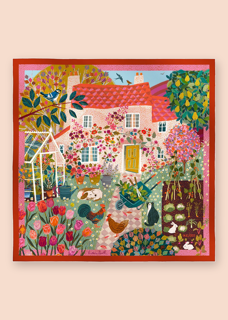 Carré Le Cottage rouge illustré par Victoria Ball à plat, Maison Malfroy