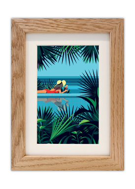 Carte postale d'une femme au bord de la piscine avec un cadre chêne
