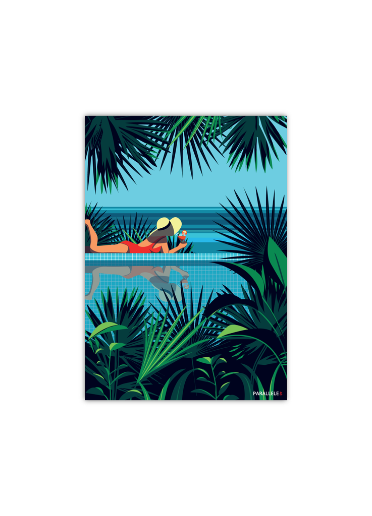 Carte postale d'une femme au bord de la piscine