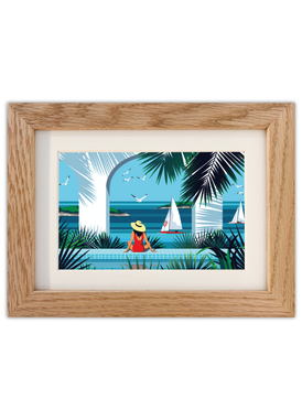 Carte postale d'une scène d'évasion tropicale avec un cadre en chêne