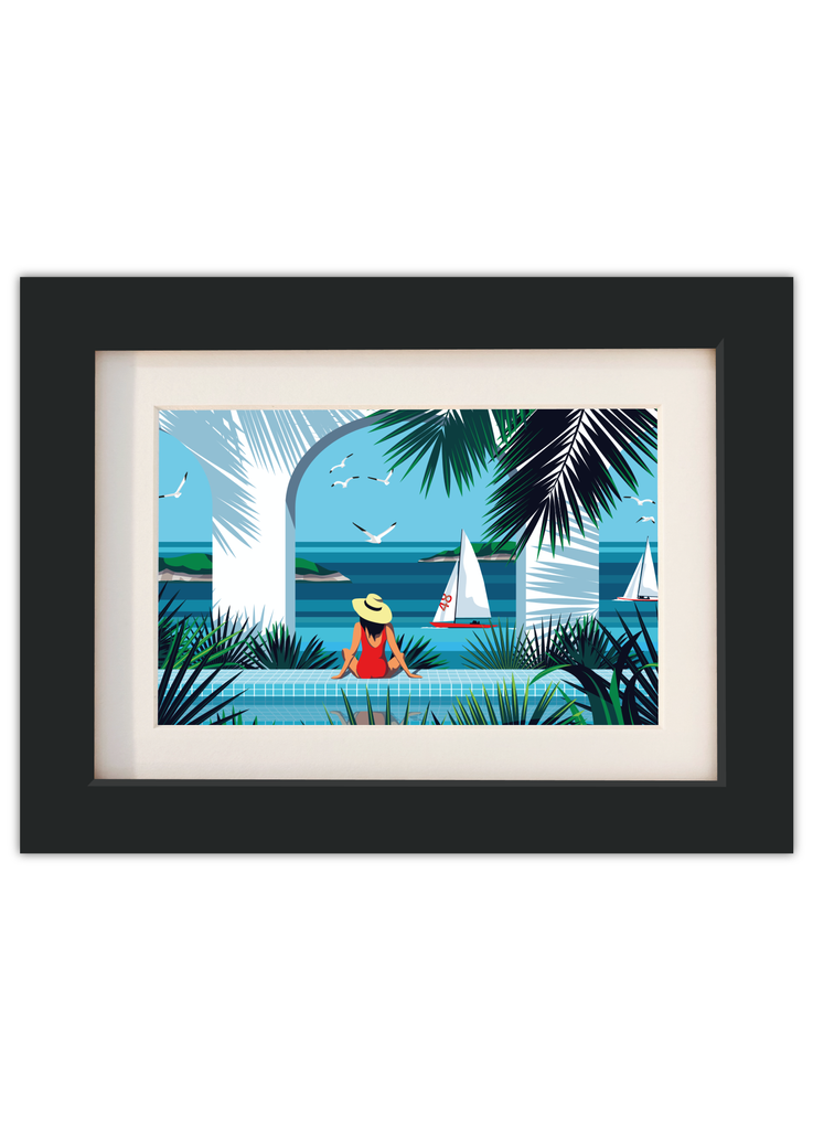 Carte postale d'une scène d'évasion tropicale avec un cadre noir