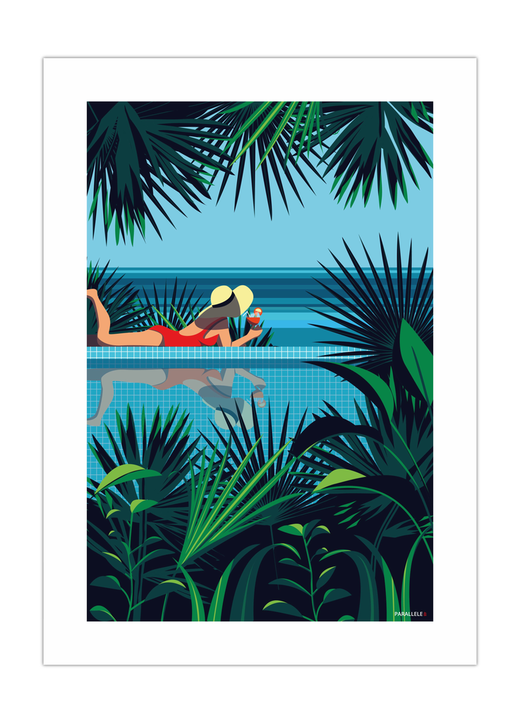 Affiche d'une femme au bord d'une piscine dans un décor tropical