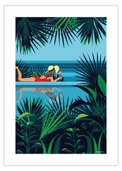Affiche d'une femme au bord d'une piscine dans un décor tropical