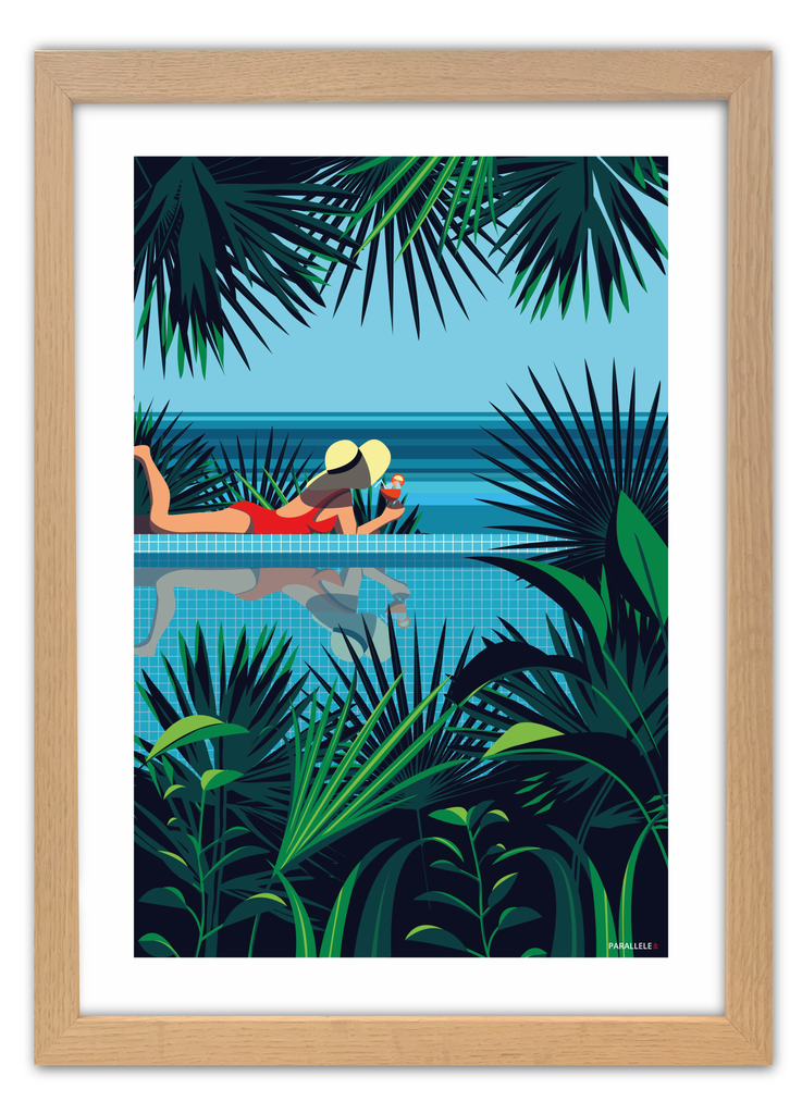Affiche d'une femme au bord d'une piscine dans un décor tropical avec un cadre en chêne