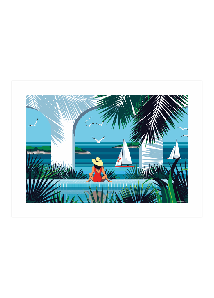Affiche tropicale d'une femme au bord de la Piscine "Après la baignade"