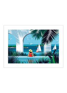 Affiche tropicale d'une femme au bord de la Piscine "Après la baignade"